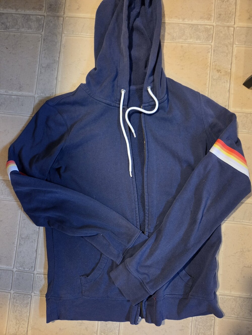 Old Navy Navy Zip-Up Hoodie with Rainbow Sleeve Stripe